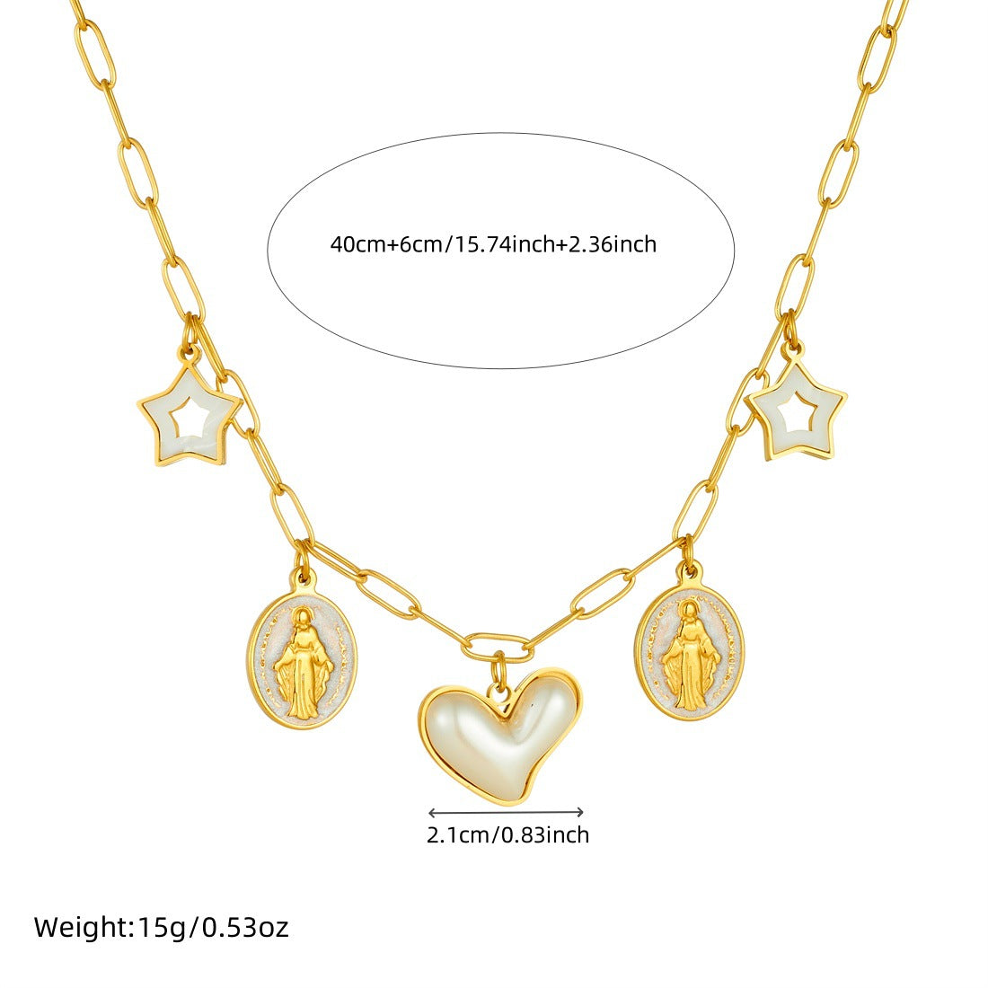 Vintage Luxury Gold Plated Stainless Steel Necklace with Round Heart Star Pearl Pendant for Women