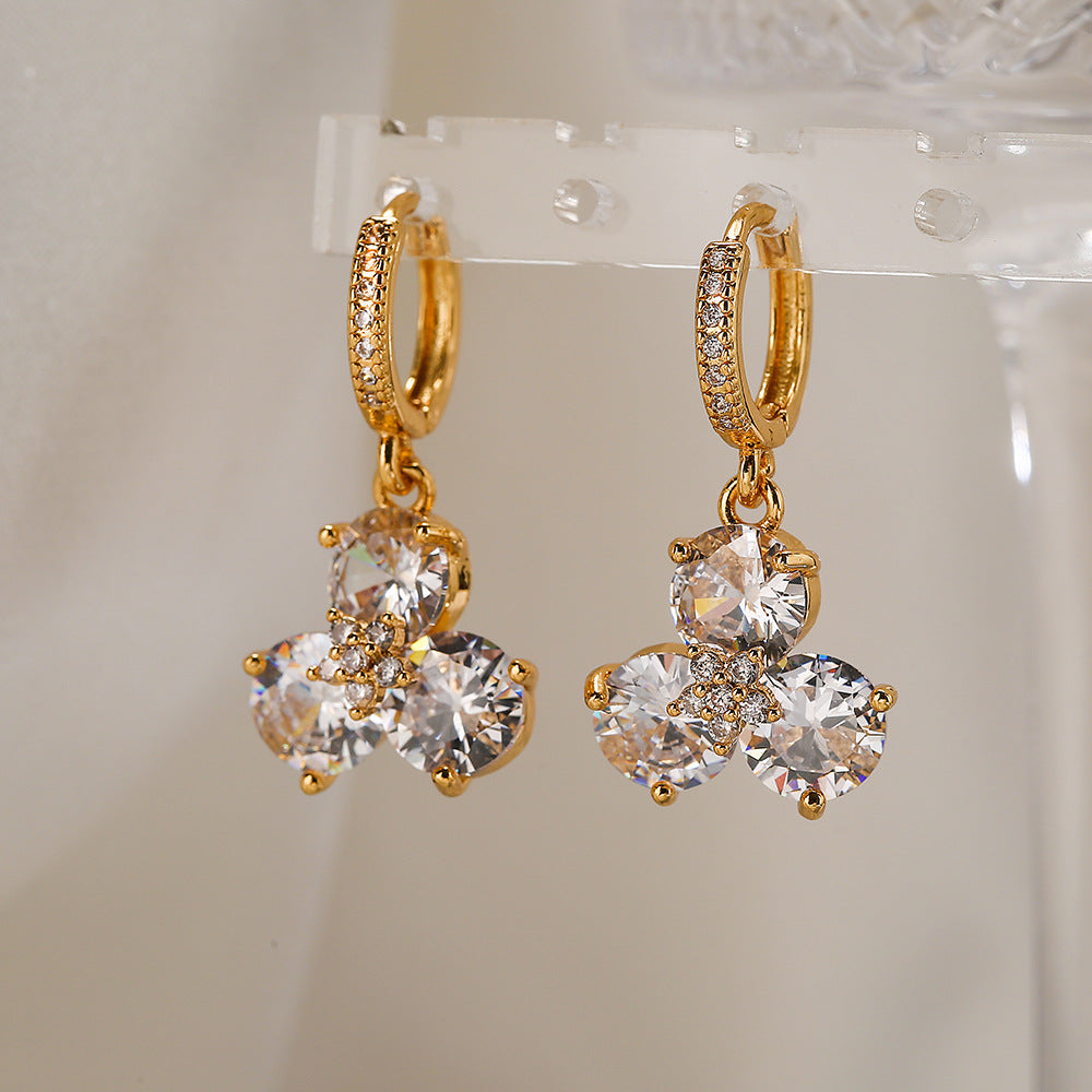 Fashionable Minimalist Floral Geometric Copper Earrings with Real Gold Plating and Zircon for Women