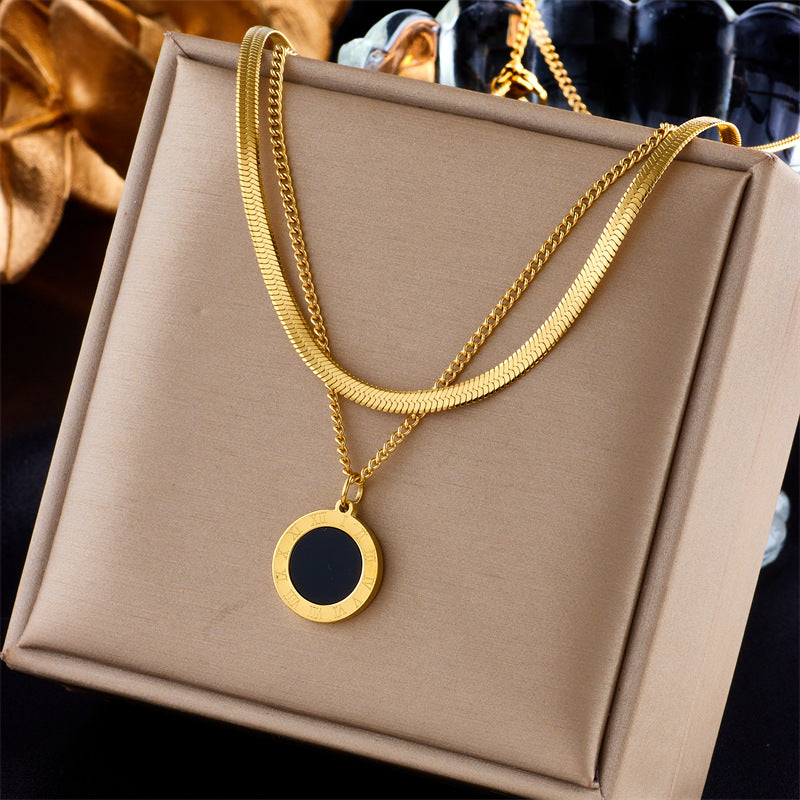 Minimalist Retro Black Roman Round Pendant Necklace in Titanium Steel with Snake Chain