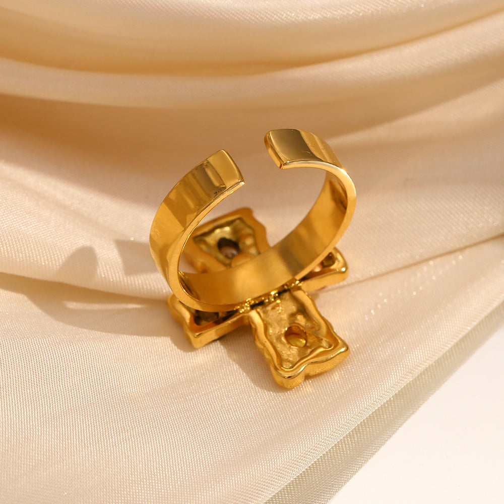 Vintage Style Geometric Cross-Shaped Stainless Steel Ring with 18K Gold Plating and Colorful Rhinestone Accents for Women
