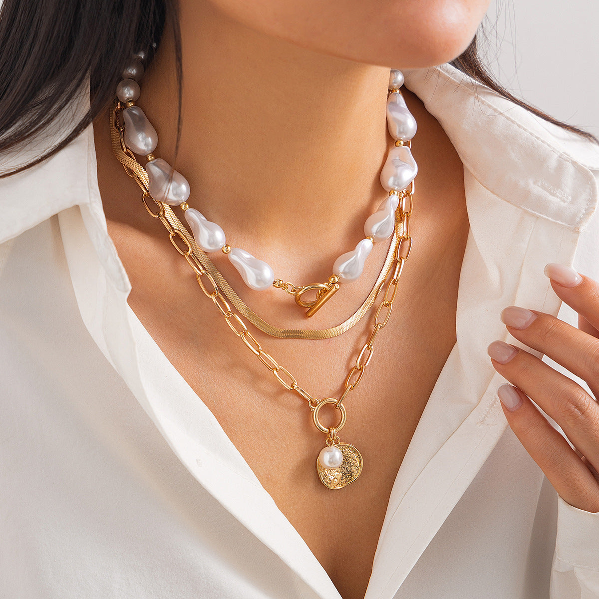 Vintage Bohemian Baroque Irregular Pearl Multi-Layer Alloy Plated Round Geometric Pendant Necklace for Women