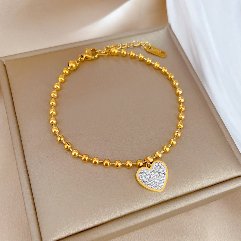 Minimalist Titanium Steel Heart Pendant Bracelet for Women with Rhinestone Inlay, Dainty Chain Jewelry for Lucky Charm or Friendship Gift