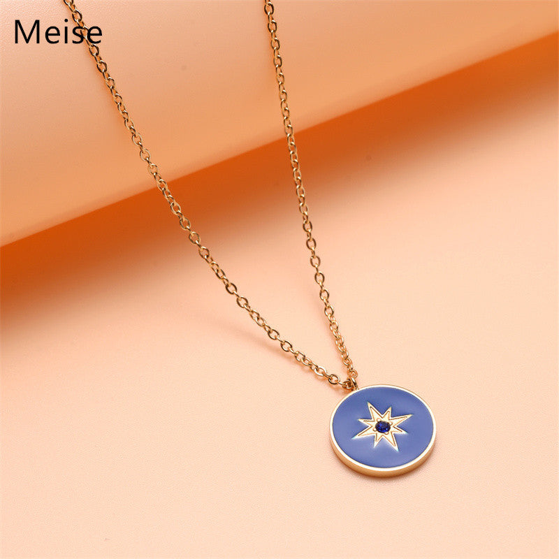 Minimalist Geometric Stainless Steel Sky Blue Eight-Pointed Star Rhinestone Pendant Necklace with Enamel Finish