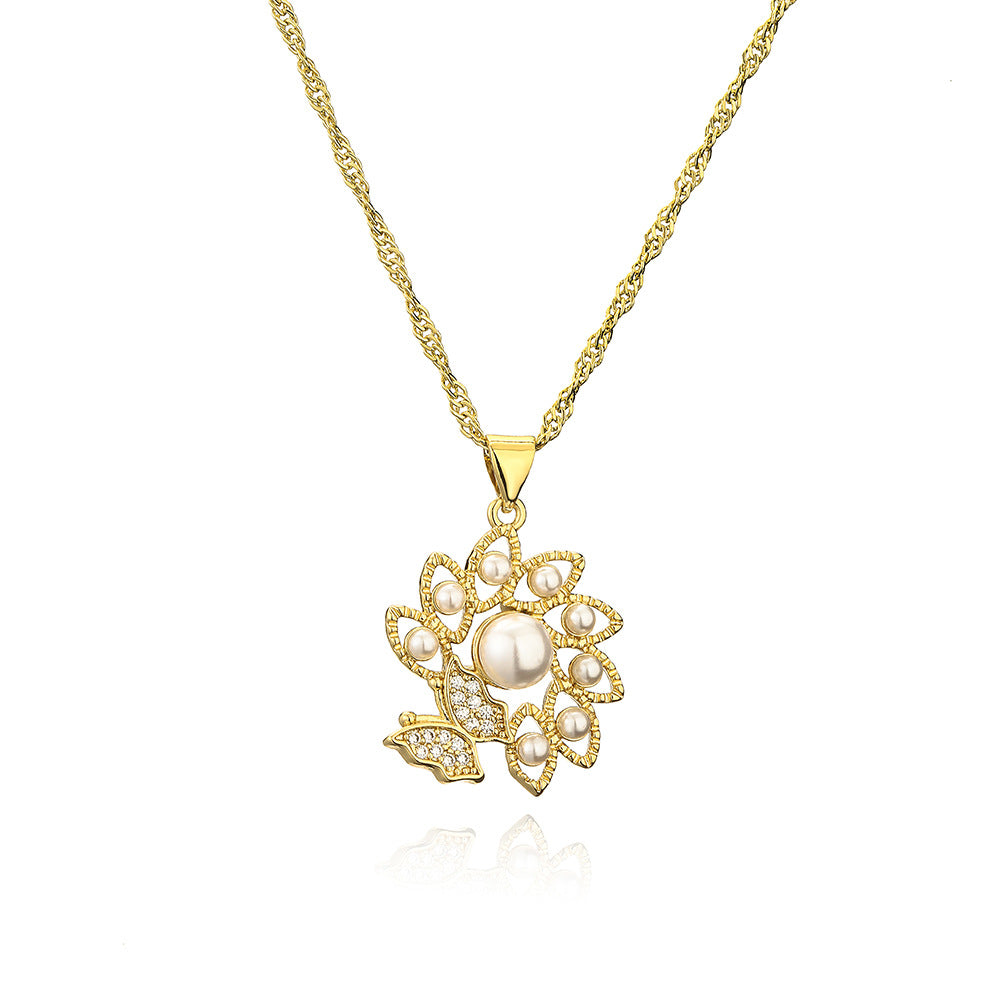 Elegante Collana Pendente da Donna a Farfalla e Albero in Rame Placcato Oro con Zirconi e Perle