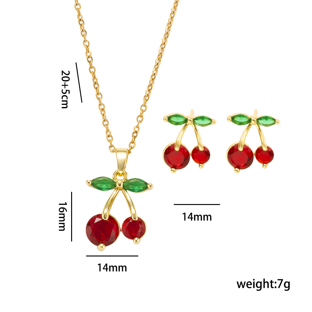 Luxury Cherry Heart Pendant Necklace Set for Women in Titanium Steel with Gold-Plated Copper Charm and Rhinestone Inlay on O-Chain