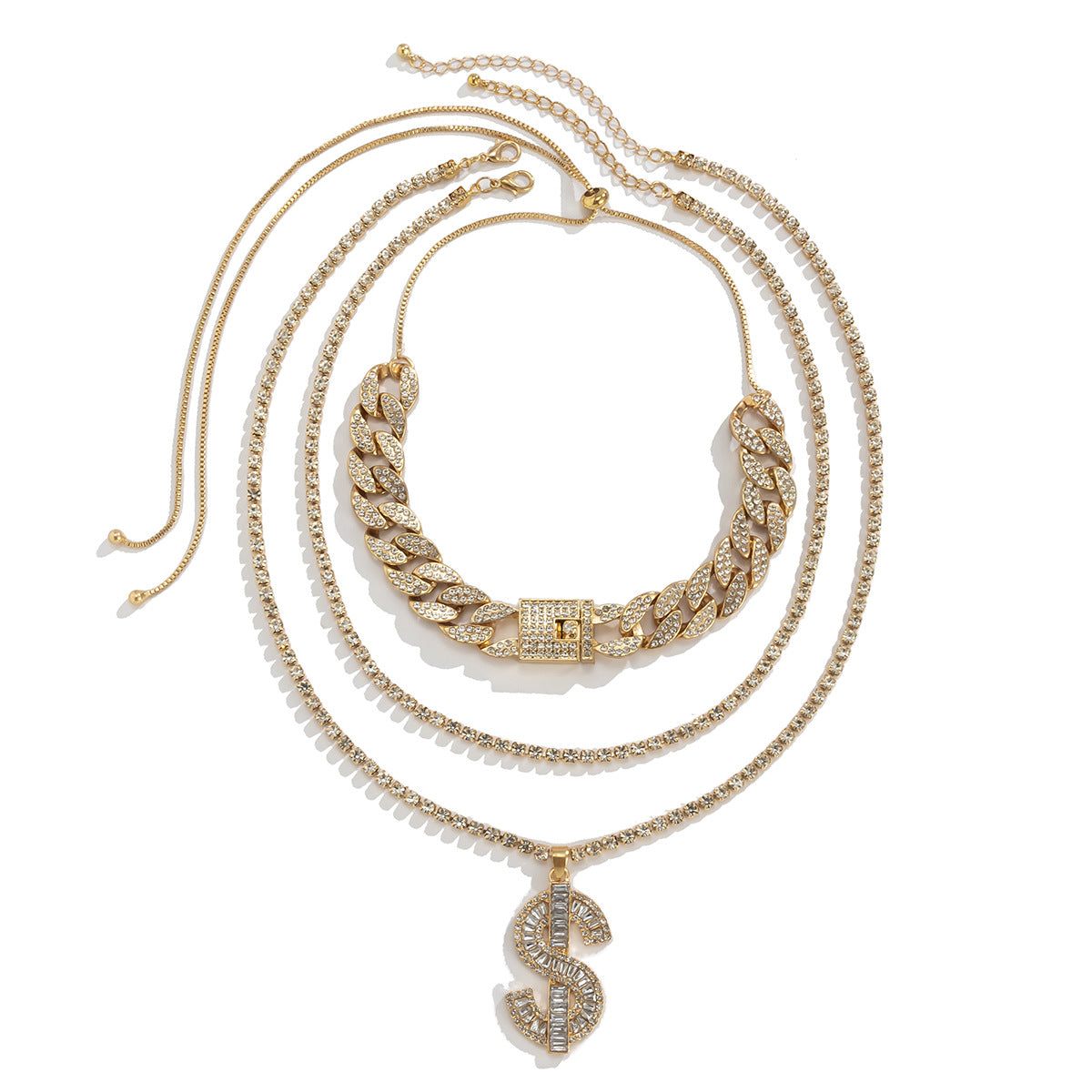 Vintage Geometric Cuban Link Necklace with Rhinestone Inlay for Women Adjustable Layering Set