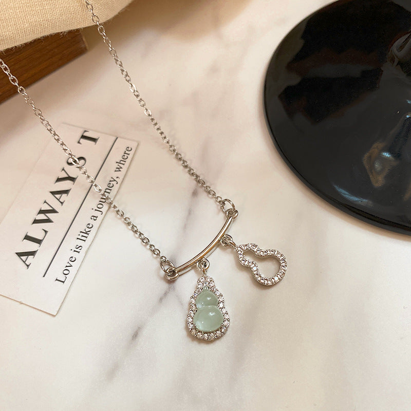 Vintage Chinese Style Titanium Steel Gourd Pendant Necklace with Green Jade Inlay Cable Chain for Unisex