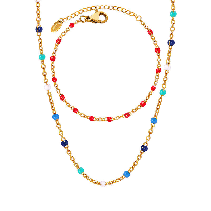 Conjunto minimalista de collar y pulsera de cadena con eslabones O de acero de titanio y detalles de esmalte para mujer