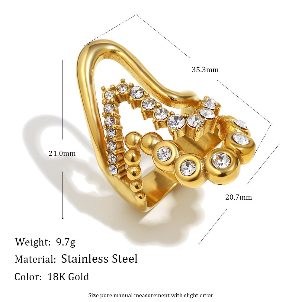 Minimalist Wave-Shaped Stainless Steel Ring with 18K Gold Plating and Zircon Accents for Women