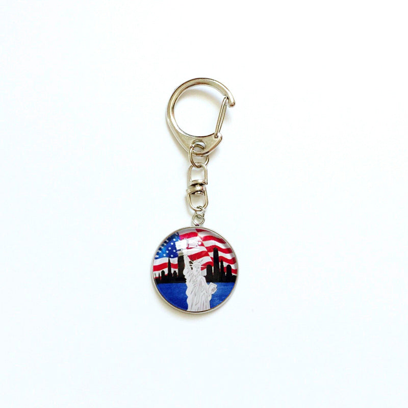 Portachiavi in acciaio inossidabile con gemma geometrica rotonda intarsiata e bandiera americana