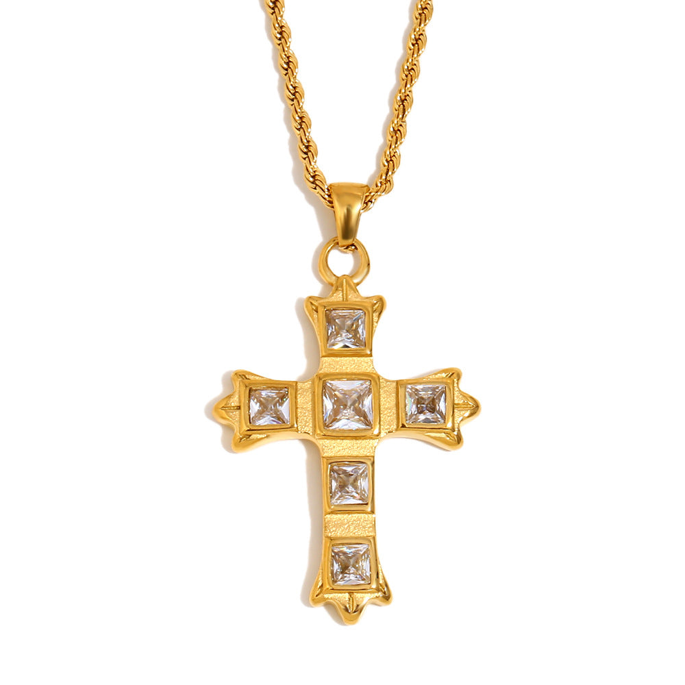 Fashionable Minimalist Cross Pendant Necklace for Women Stainless Steel with 18K Gold Plating and Zircon Inlay