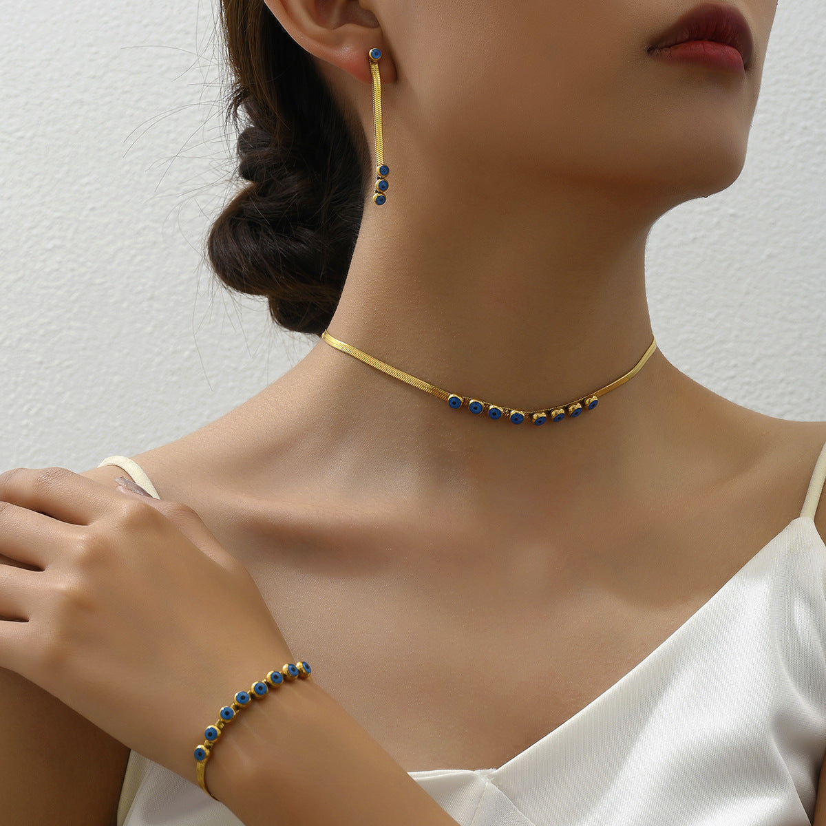 Conjunto de collar, aretes y pulsera con baño de cobre, estilo vintage y minimalista para mujer, con diseño de colgante geométrico redondo y ovalado