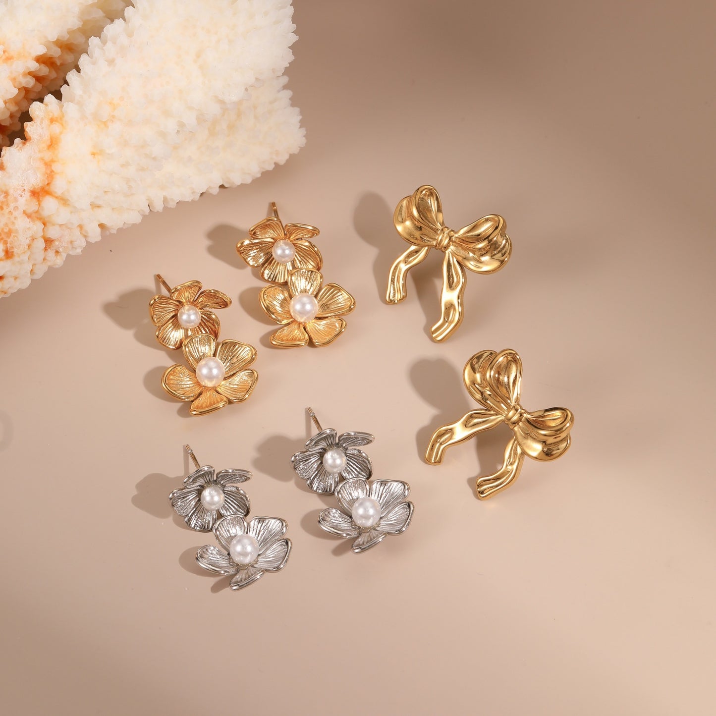 Fashionable Floral and Bow-Shaped Stainless Steel Earrings with Plating Finish for Women