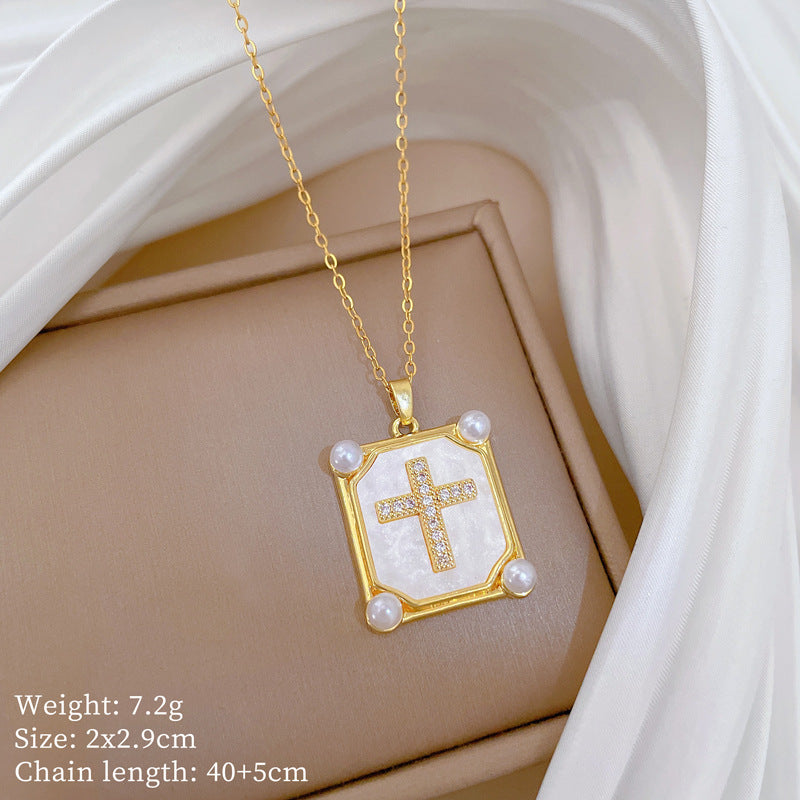Sweet Minimalist Cross Micro-Inlaid Cubic Zirconia Brass Pendant Titanium Steel Necklace for Unisex