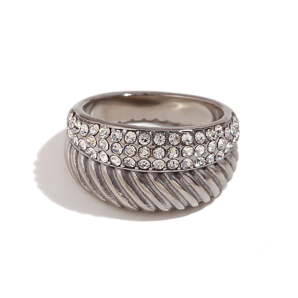 Minimalist Geometric Stainless Steel Ring with 18K Gold Plating and Micro-Paved Zirconia for Women