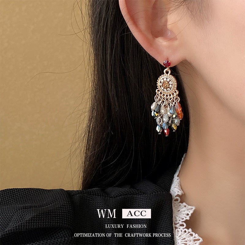 Ethnic Vintage Style Geometric Crystal Floral Tassel Earrings with Stainless Steel Posts for Women
