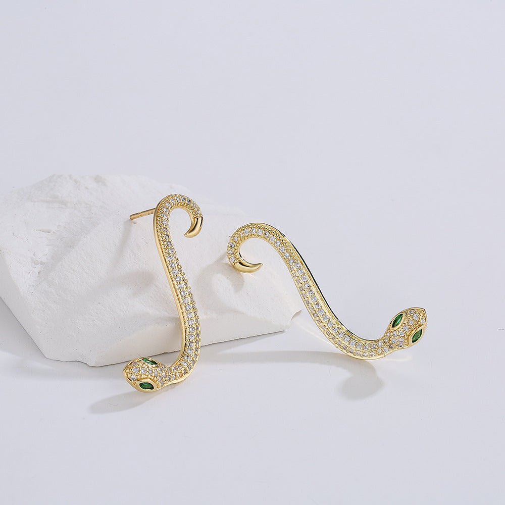 Ins Style Geometric Snake Shape Copper Earrings for Women with 18K Gold Plating and Zircon Inlay