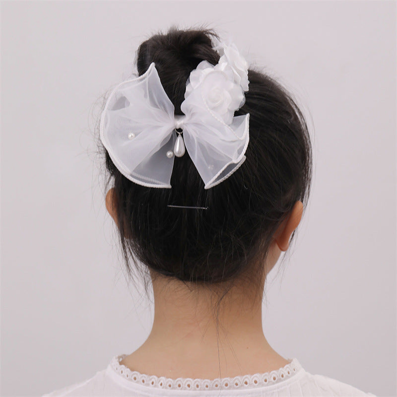 Simpatico Elastico per Capelli in Tessuto a Forma di Fiocco con Applicazione Floreale 3D, Ciondolo a Goccia con Strass e Dettagli in Perle per Bambini