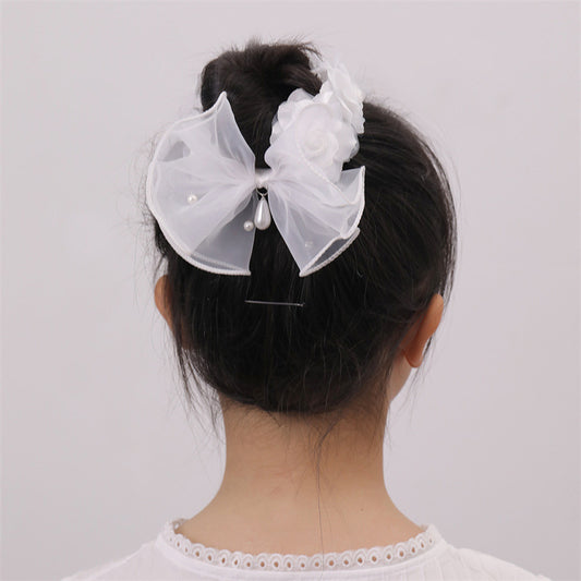 Bonita goma de pelo de tela en forma de lazo con adorno floral 3D, colgante de lágrima salpicado de diamantes de imitación y detalles de perlas para niños