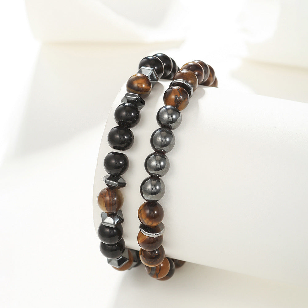 Minimalist Geometric Round Tiger Eye and Hematite Handmade Bracelet Set for Unisex