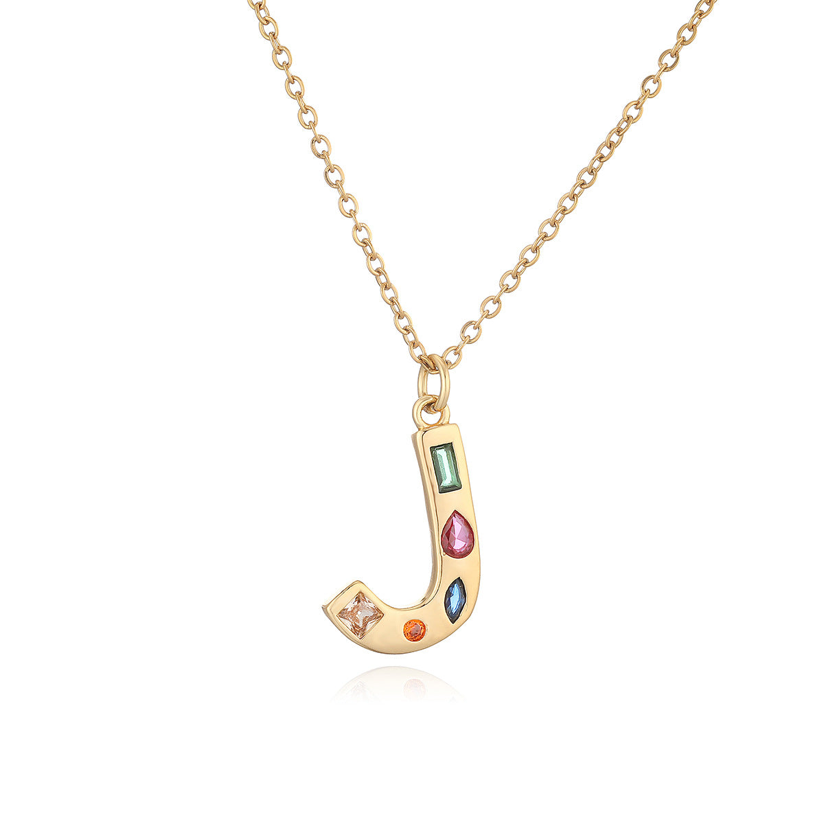 Minimalist Letter Shape Copper Pendant Necklace with 18K Gold Plating and Colored Zircon Inlay for Women