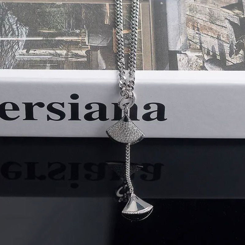 Minimalist Fan-Shaped Titanium Steel Pendant Necklace with Micro-Pavé Zirconia for Women, Electroplated Waterwave Chain