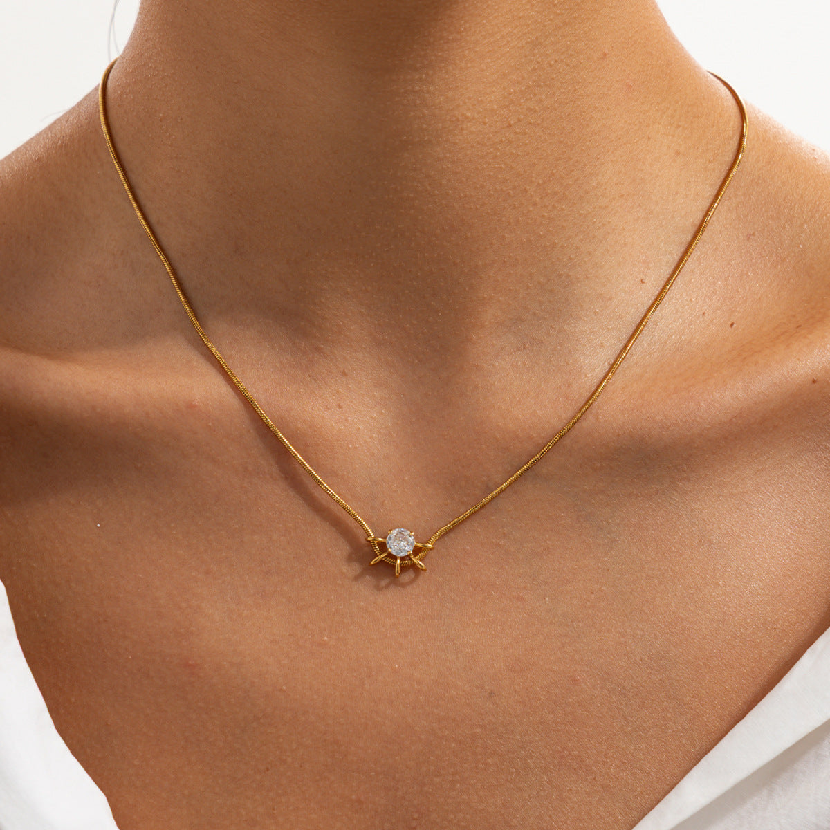 Minimalist Luxury Geometric Round Rhinestone Stainless Steel PVD Necklace for Women