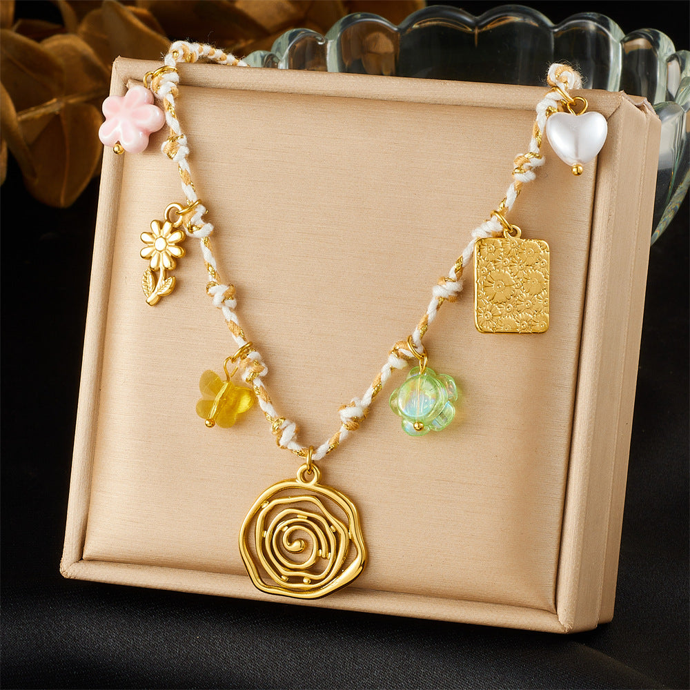 Sweet Gold Plated Stainless Steel Floral Heart Square Geometric Charm Bar Necklace for Women