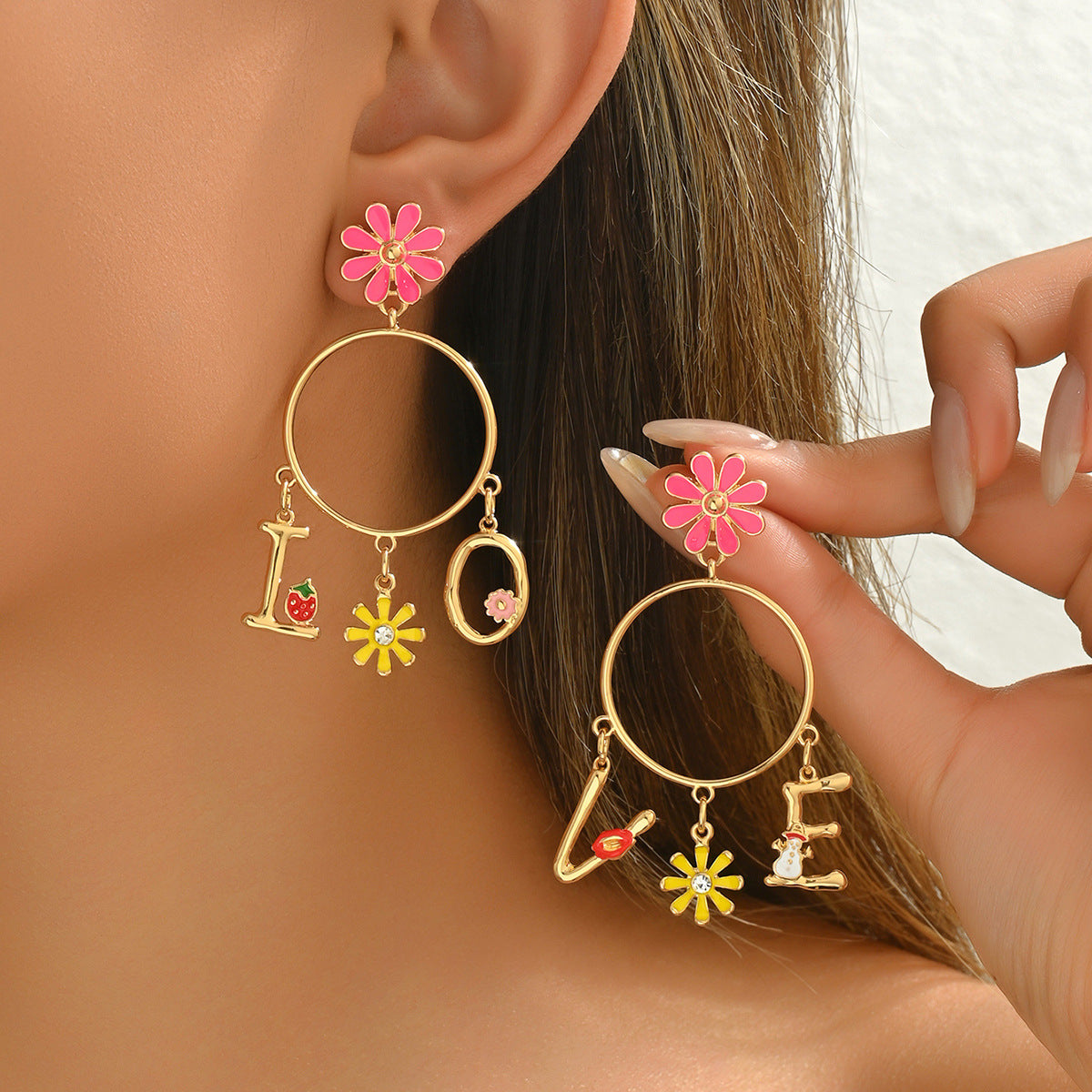 Floral and Letter Design Enamel Earrings for Women in Zinc Alloy with Stainless Steel Posts