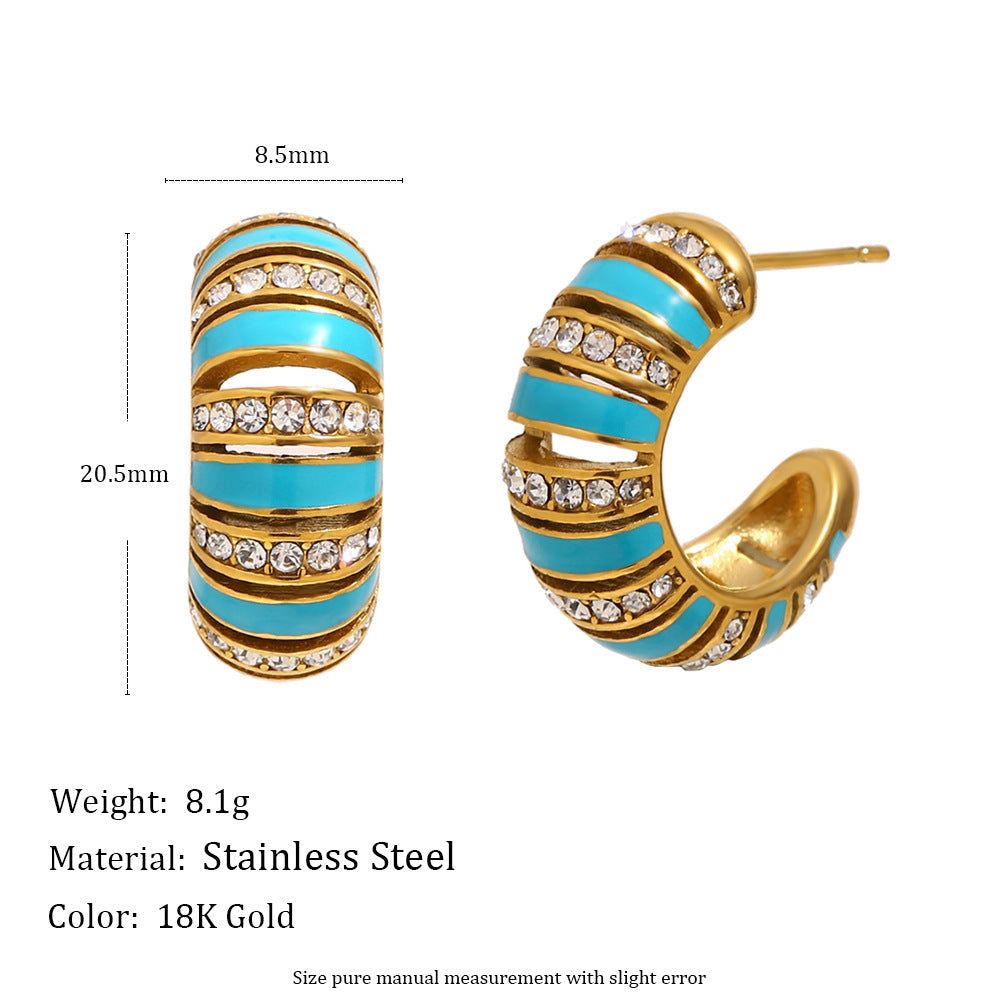 Minimalist Geometric Stainless Steel 18K Gold Plated Hollow C-Shaped Rhinestone Accent Enamel Drop Earrings for Women