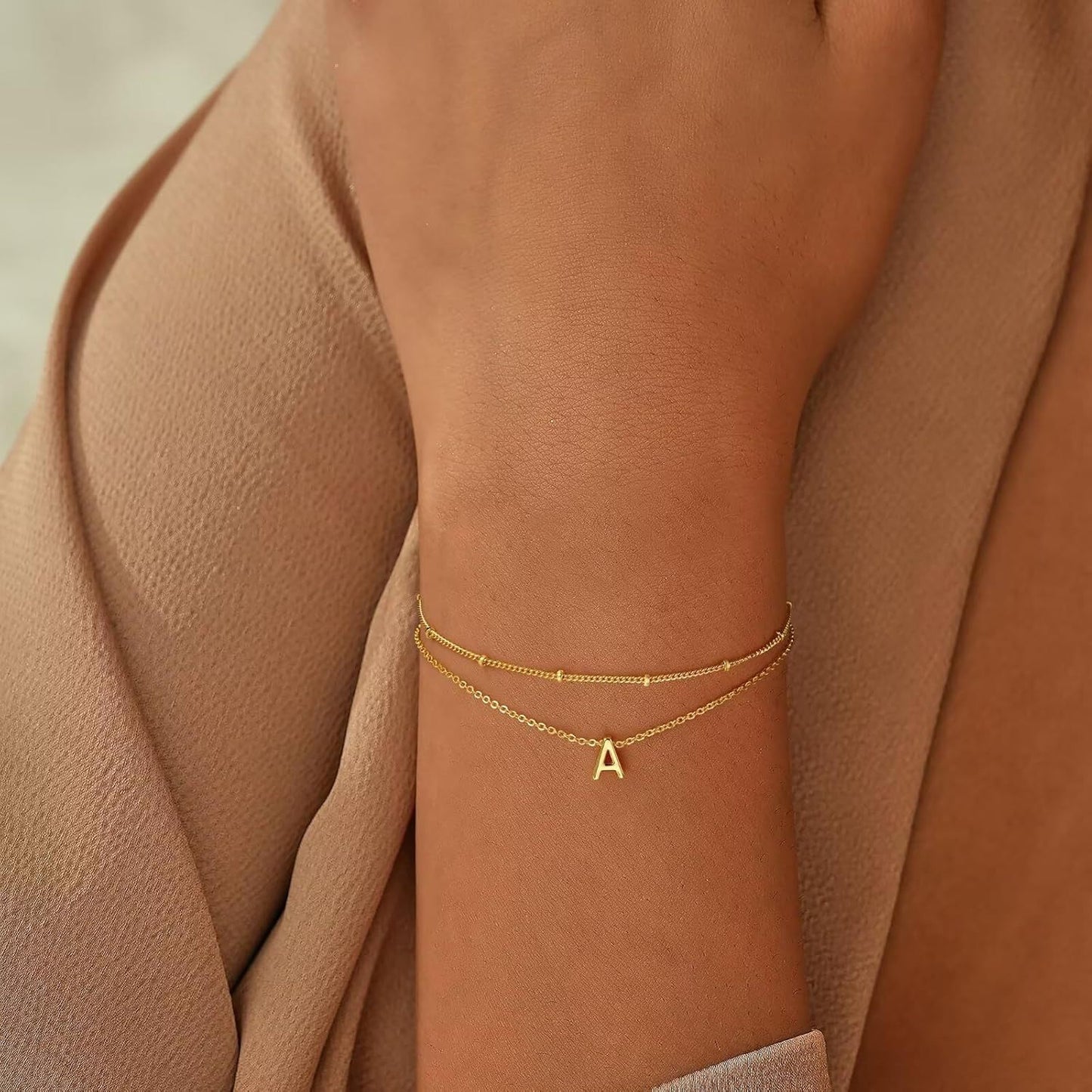 Minimalist Gold Plated Stainless Steel Letter Charm Bracelet Unisex Double Layer Beaded Chain