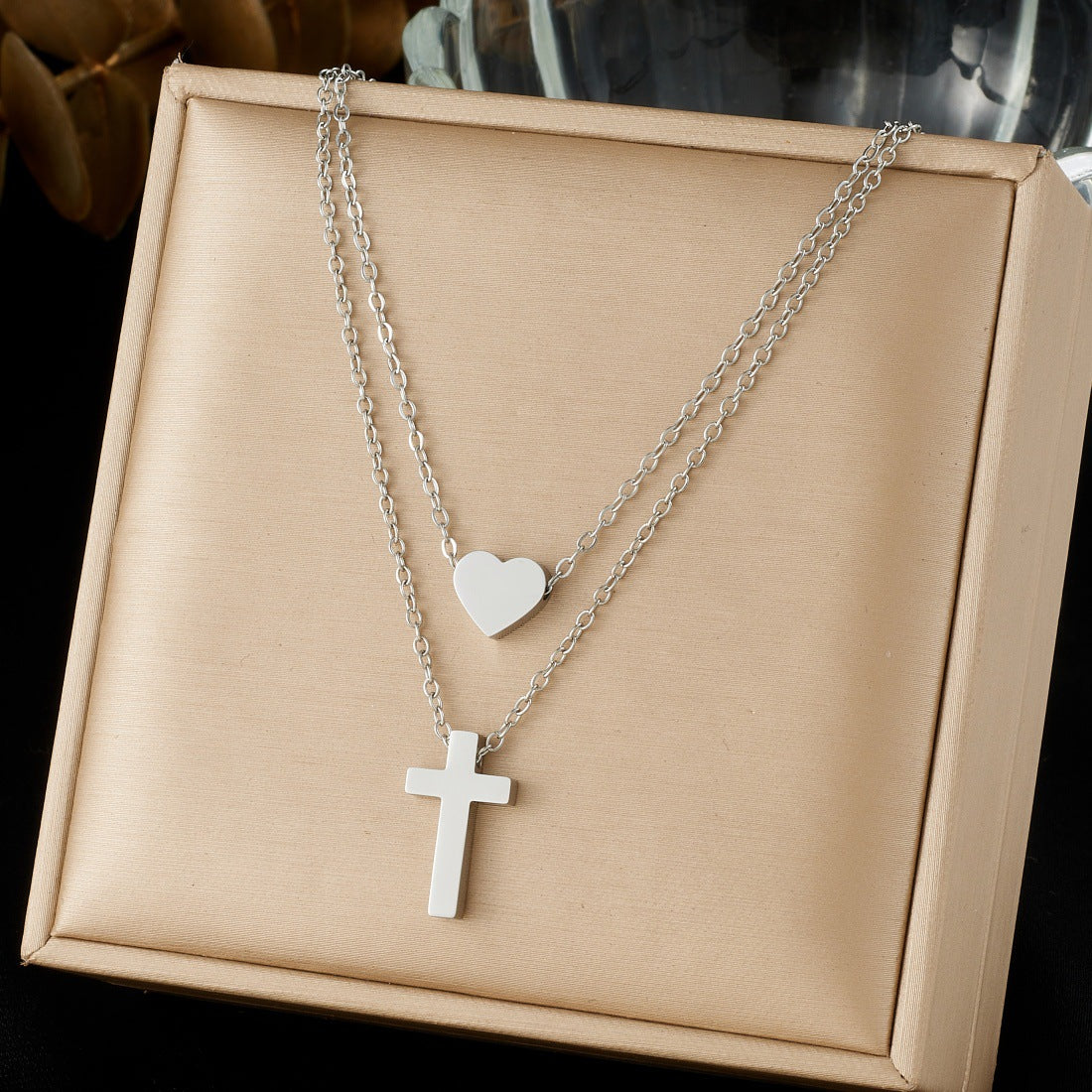 Minimalist Gold Plated Stainless Steel Heart Cross Pendant Necklace for Women