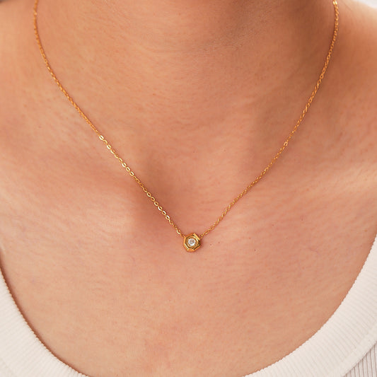 Minimalist Geometric Titanium Steel Pendant Necklace for Women with White Zircon Inlay and 18K Gold Plating