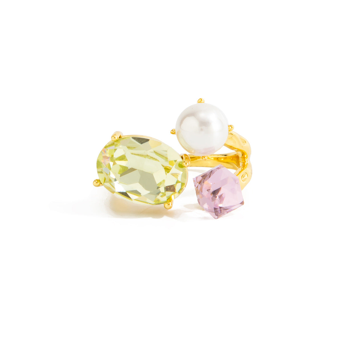 Luxury Elegant Geometric Oval Zinc Alloy Plated Ring with Cubic Zirconia and Pearl Inlay for Women