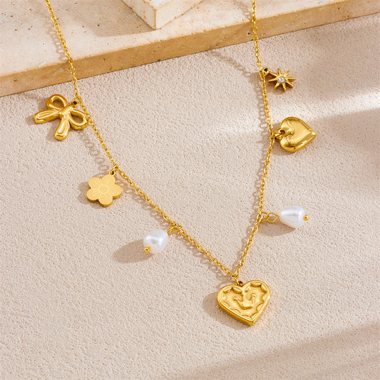 Minimalist Fashion Heart Crown Bowknot Pearl Necklace in Stainless Steel with Plating Finish on O-Chain for Women