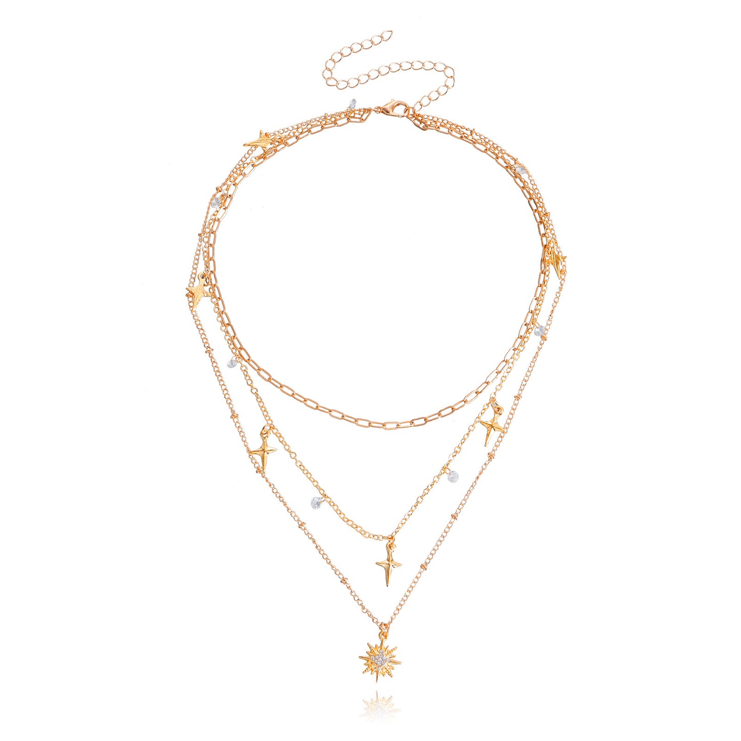 Punk Luxe Geometric Eight-Pointed Star Pendant Necklace with Rhinestone Inlay and Gold-Plated Alloy Chain
