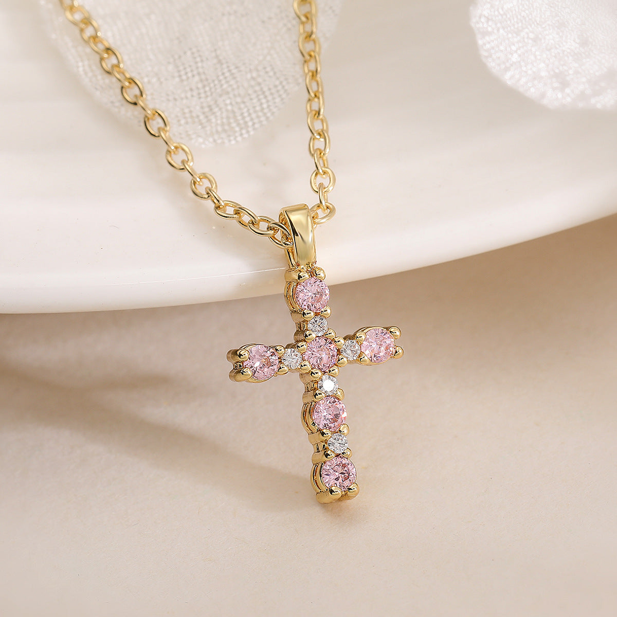 Minimalist 18K Gold Plated Brass Cross Pendant Necklace with Cubic Zirconia for Women