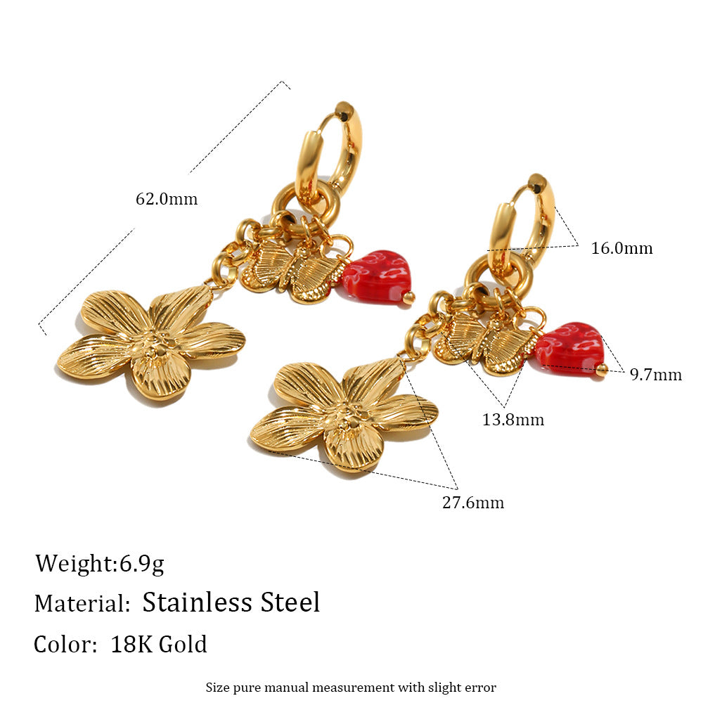 Pendientes de tuerca de mariposa y borde floral de acero inoxidable con baño de oro de 18 quilates para mujer