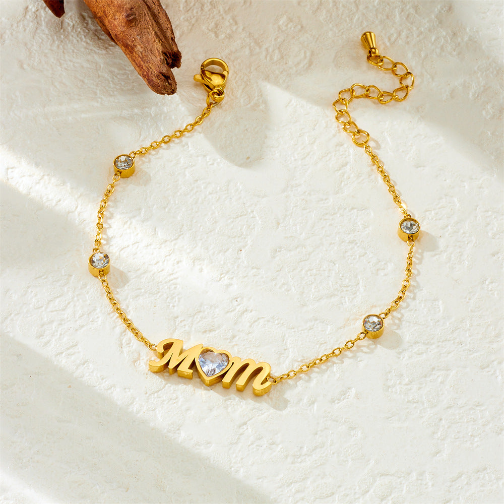 Minimalist Elegant Gold Plated Rhinestone Heart Letter MOM Bracelet for Women