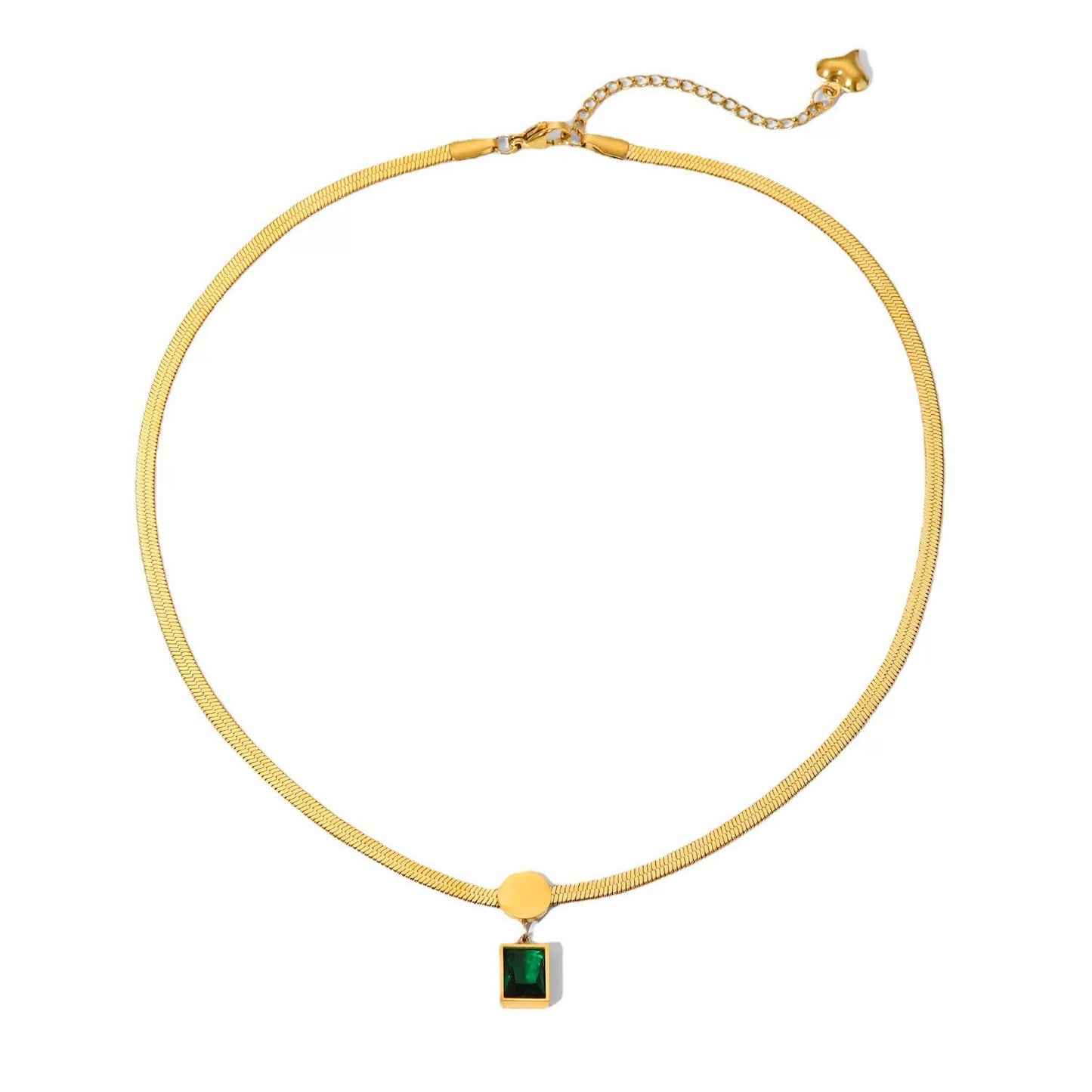 Vintage Green Square Cubic Zirconia Titanium Steel Necklace with Flat Snake Chain for Women