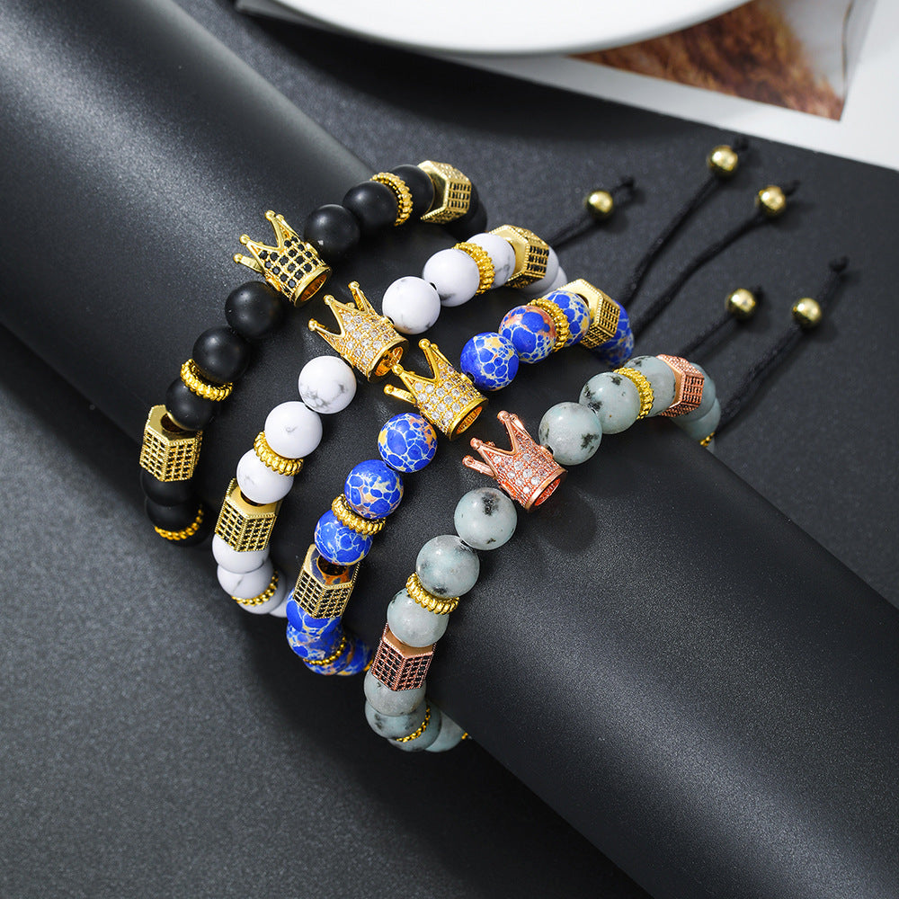 8mm Matte Black Turquoise Cubic Zirconia Crown Bracelet Adjustable Unisex Brass Jewelry
