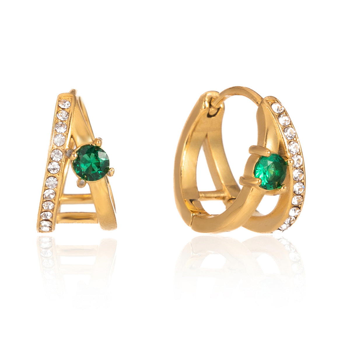 Elegant Geometric Stainless Steel Earrings with Green Cubic Zirconia and Rhinestone Plated Finish for Women