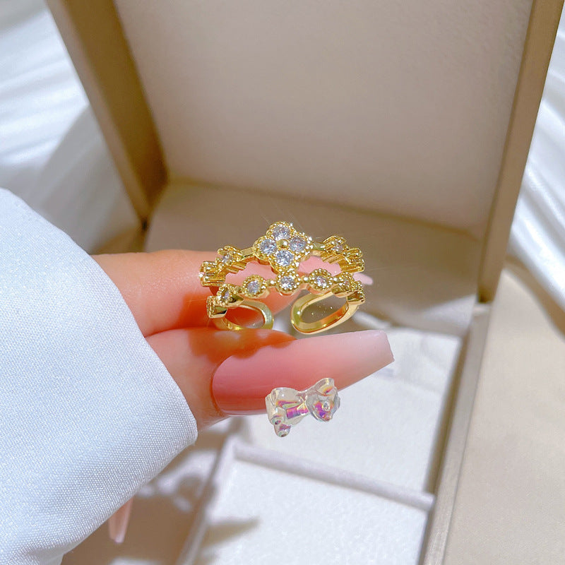 Sweet Minimalist Gold Plated Brass Clover Rhinestone Adjustable Ring for Women and Couples