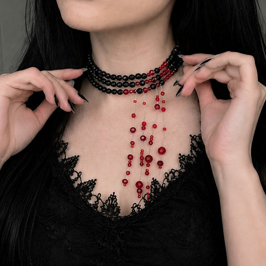 Gothic Red Teardrop Crystal Beaded Choker Necklace with Tassel for Women