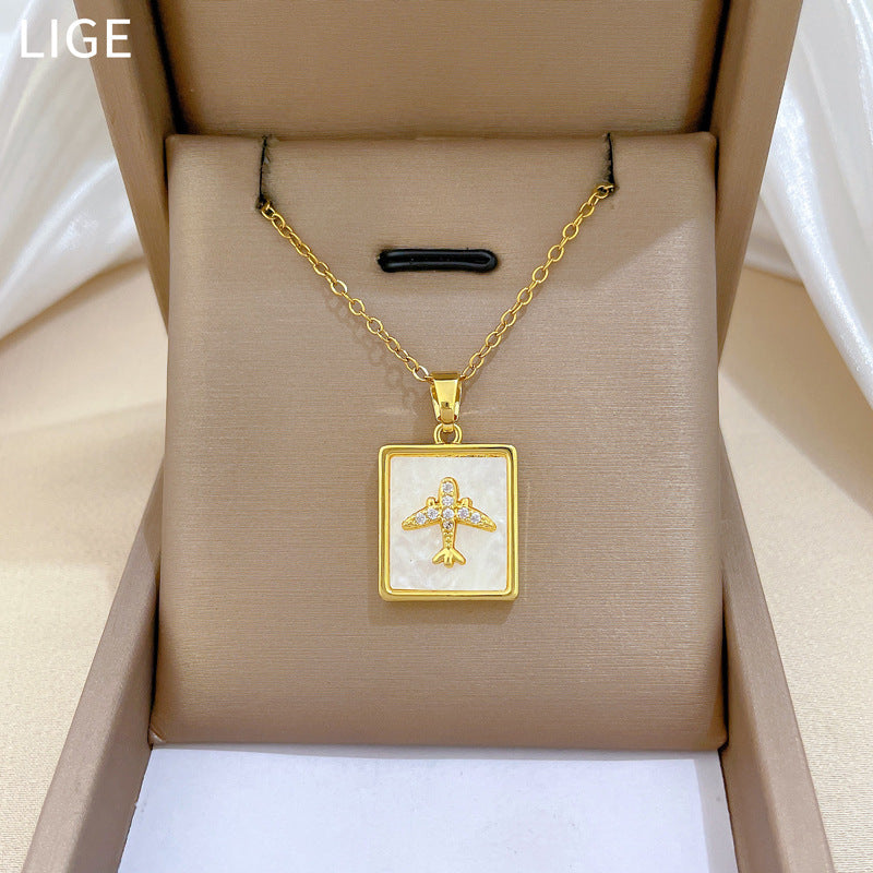 Sweet Square Geometric Rhinestone Titanium Steel Necklace with Brass Pendant for Unisex