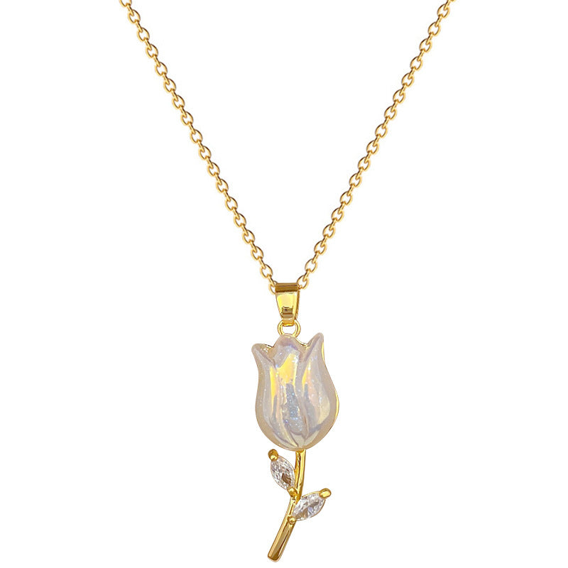 Collar de rosa de sirena dulce geométrico de lujo para mujeres y hombres Cadena de acero de titanio con incrustaciones de diamantes de imitación