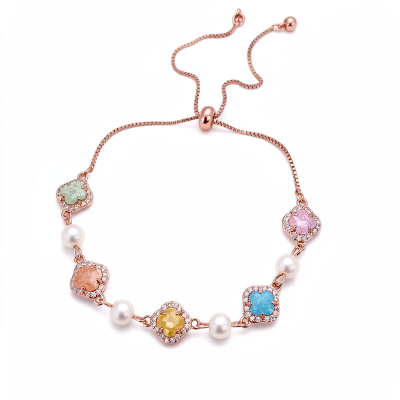 Luxury Sweet Oval Geometric Floral Brass Inlaid Cubic Zirconia Pearl Adjustable Bracelet for Women