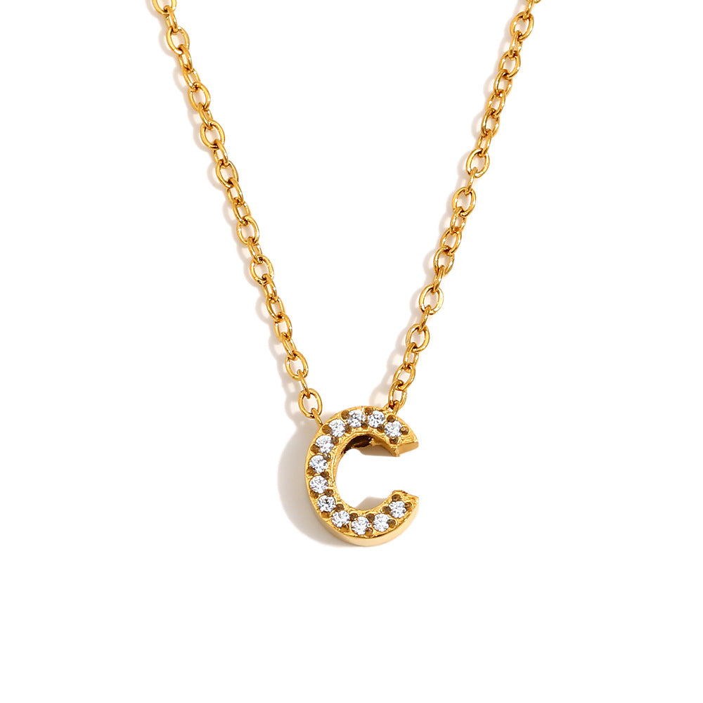 Minimalist Fashion Letter Pendant Necklace for Women Stainless Steel with 18K Gold Plating and Rhinestone Inlay