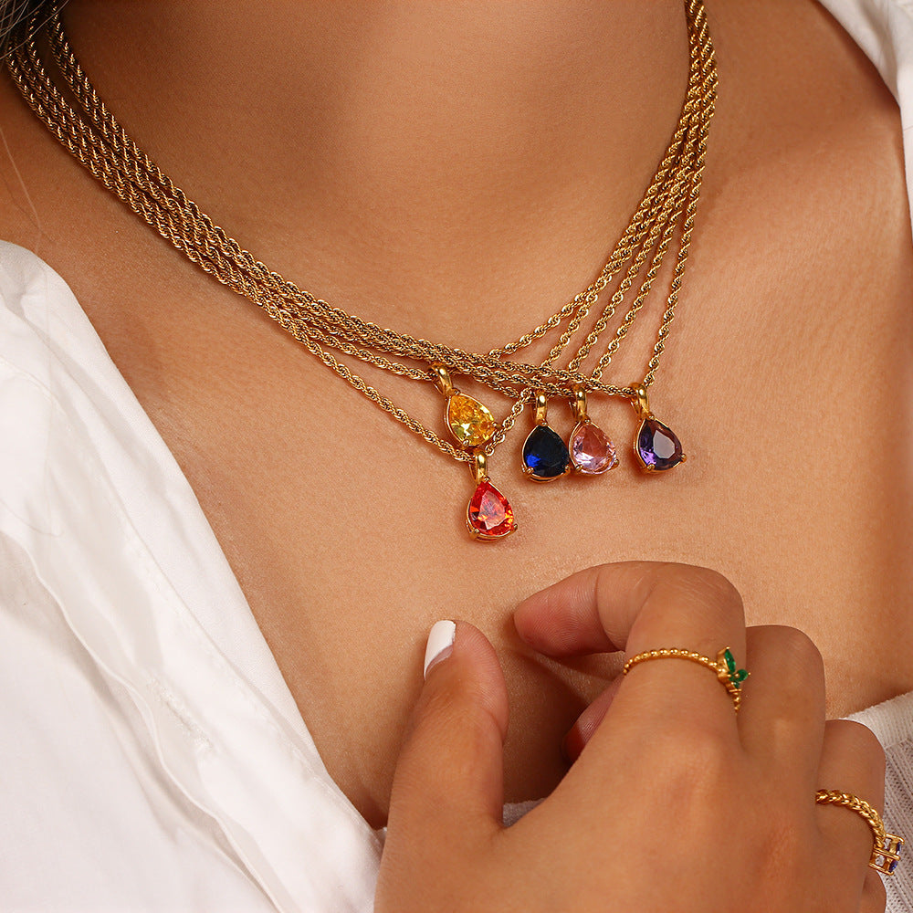 Fashionable Vintage Geometric Stainless Steel Twisted Rope Necklace with Teardrop Rhinestone Pendant for Women