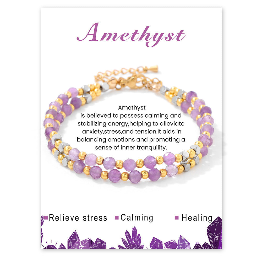 Faceted Amethyst Crystal Beaded Bracelet with 18K Gold Plated Stainless Steel Lobster Clasp Unisex